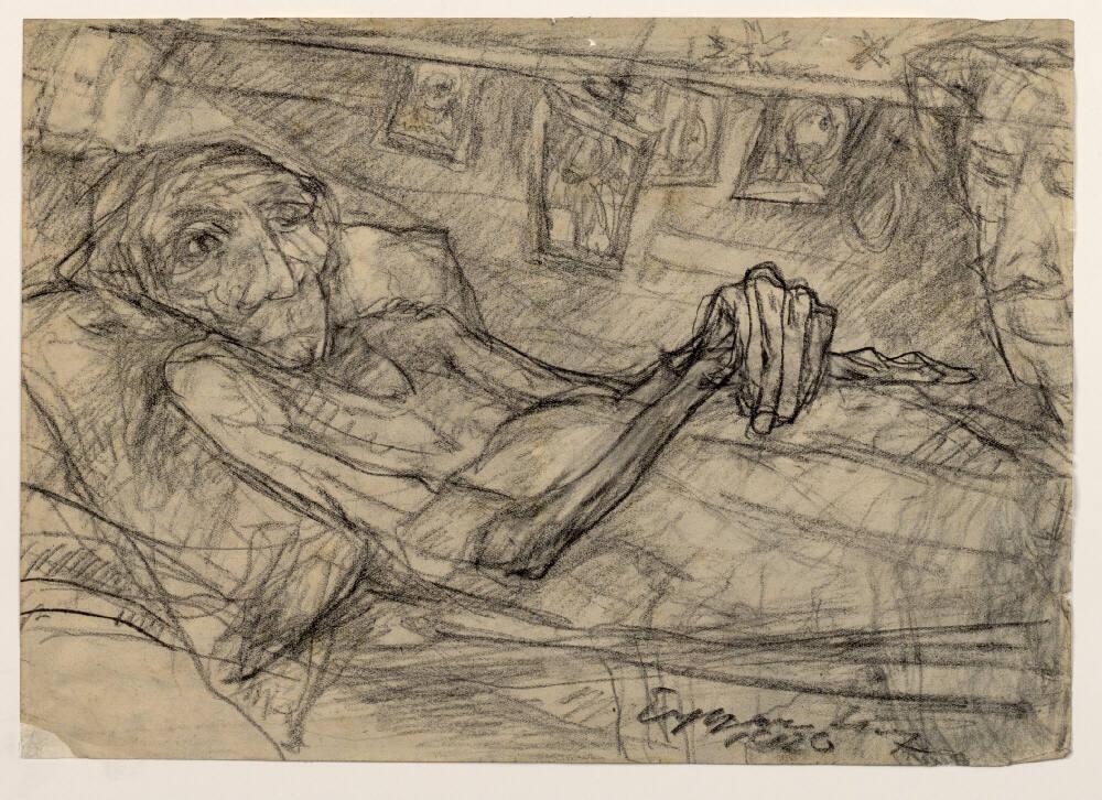 Am Totenbett (alte zu Bett liegende Frau), Inv. Nr.: 36505