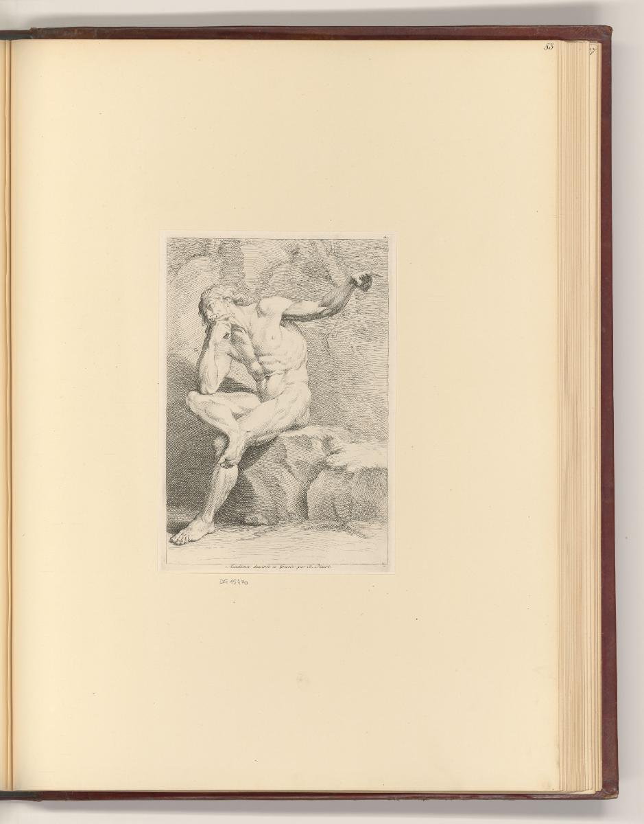 Druckgrafiken von Bernard Picart, Studie, Akt eines Mannes, sitzend, Inv. Nr.: Frankreich nach …