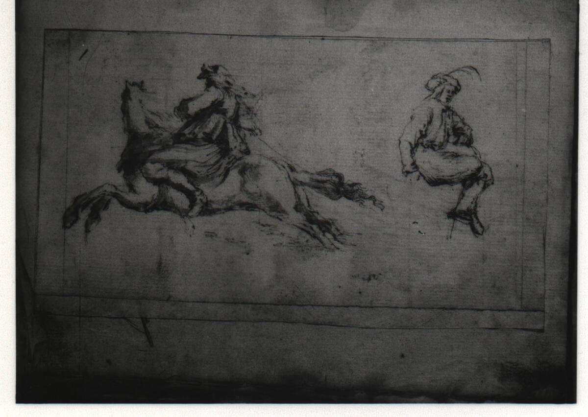 Stefano della Bella, Reiter im gestreckten Galopp nach links, nach rechts sitzende Figur mit Fe…