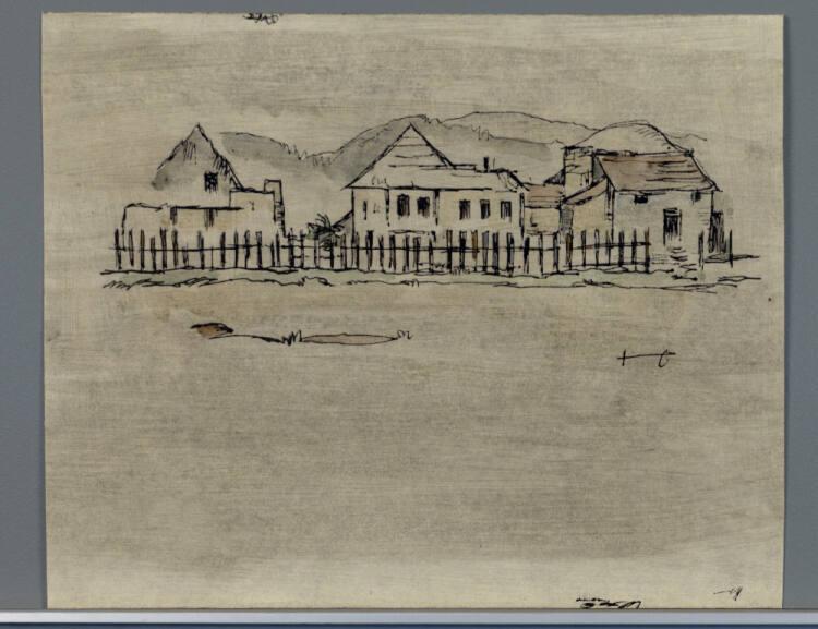 Leopold Hauer, Häuser hinter einem Zaun, Inv. Nr.: 36942r