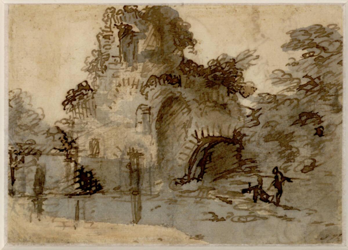 Anonym, Ruinenreste, von Bäumen bewachsen; zwei Staffagefiguren, Inv. Nr.: 37033