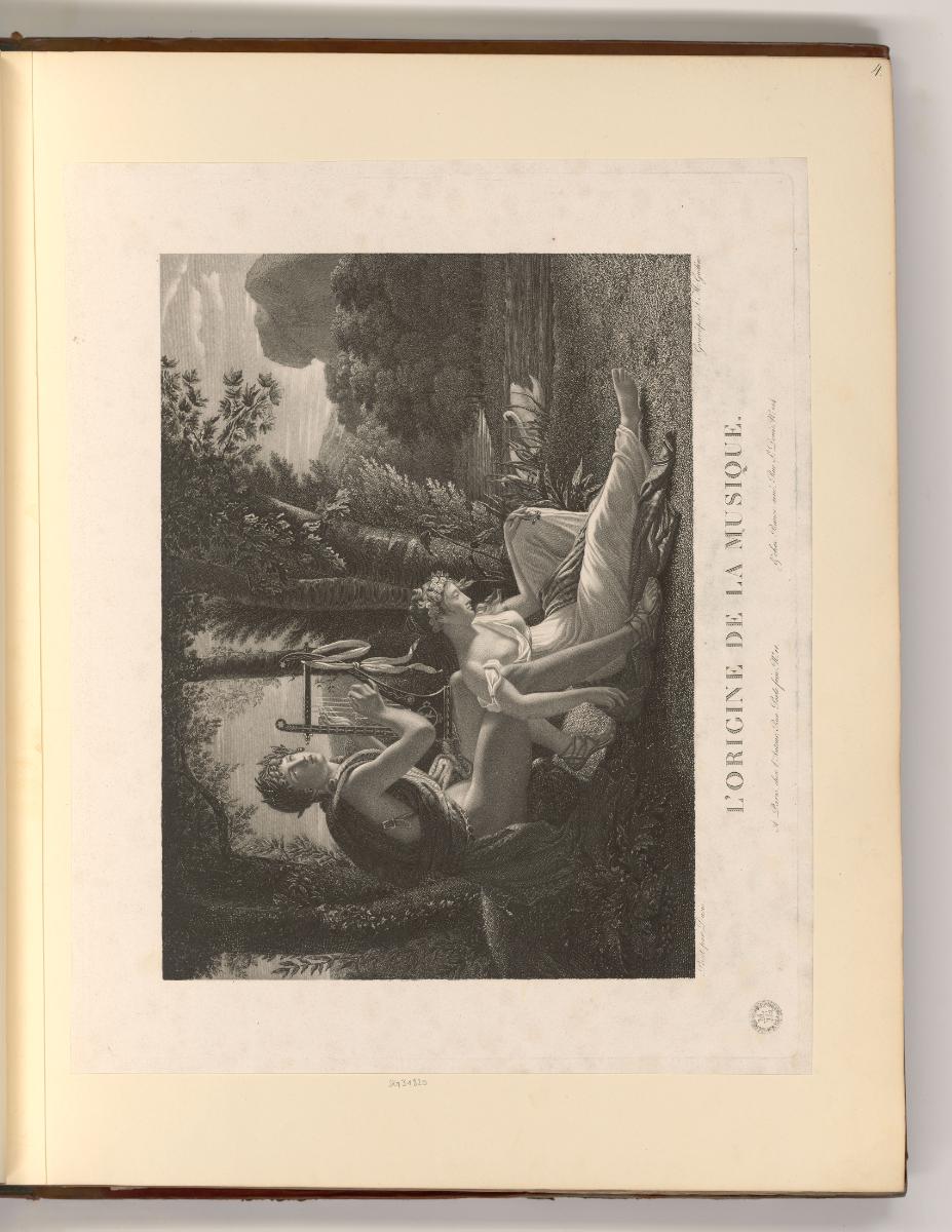 Französische Druckgrafiken des 19. Jahrhunderts, L'origine de la musique, Inv. Nr.: Frankreich …