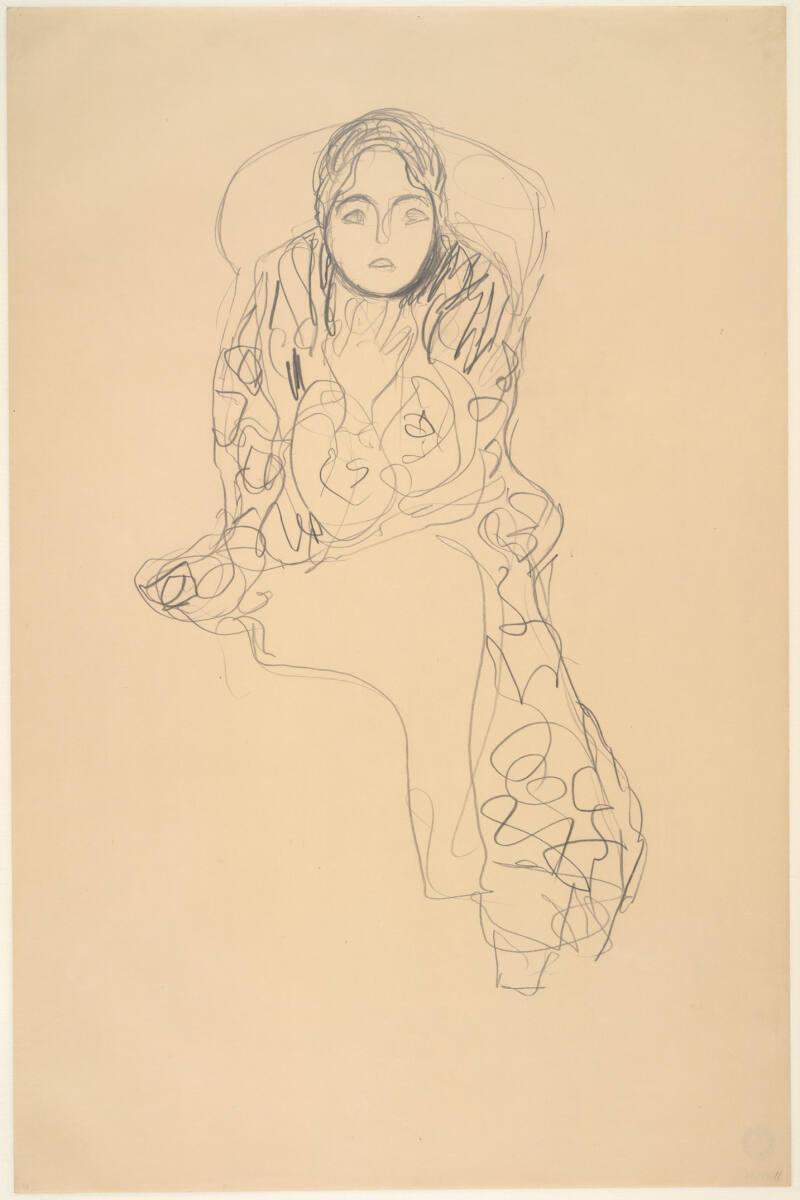 Sitzende von vorne, mit aufgestütztem Kinn (Studie für das Bildnis "Friederike Maria Beer", Gustav Klimt, 1915–1916