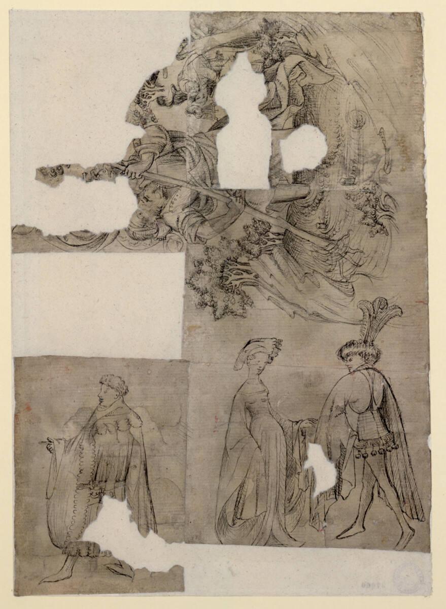 Anonym, Fragmentiertes Skizzenblatt mit heiligem Christophorus, schreitendem Mann im Zaddelgewa…