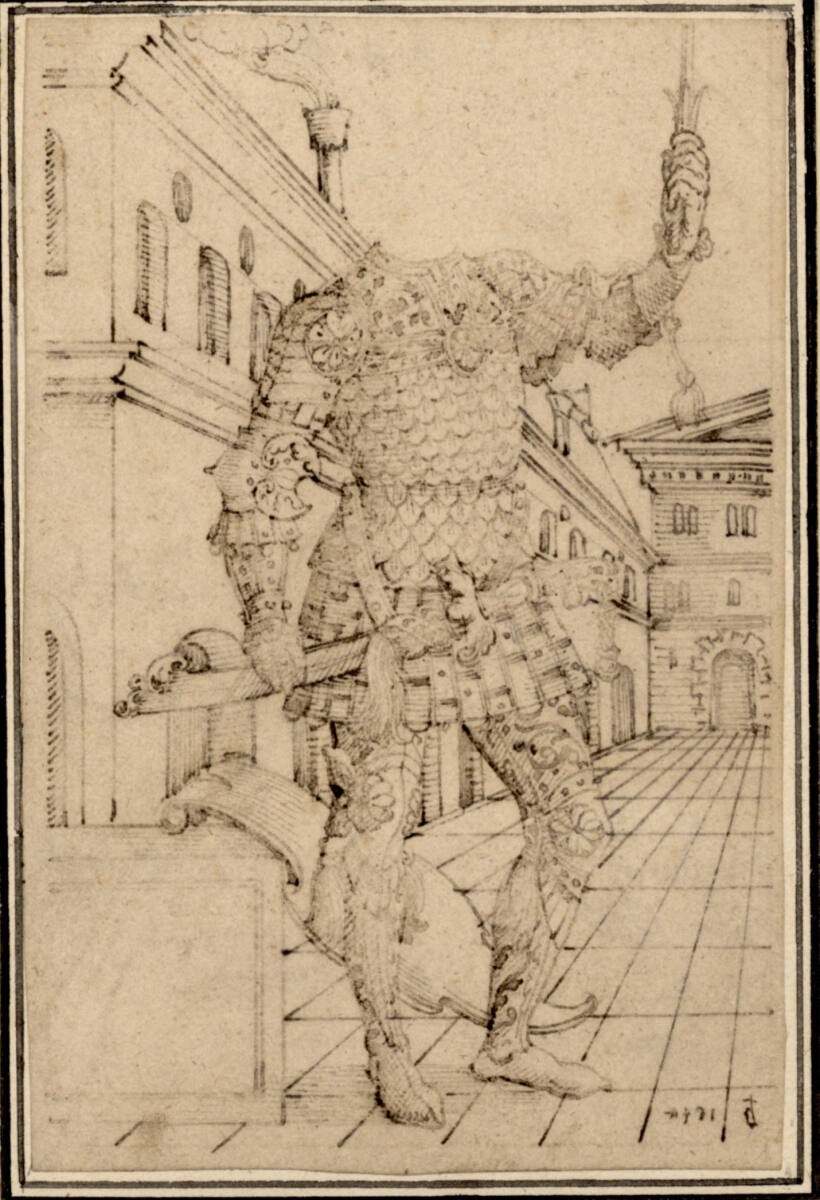 Ritter in Prunkrüstung (der Kopf fehlt) und abgelegtem Schild vor einer Palastarchitektur, Venezianisch