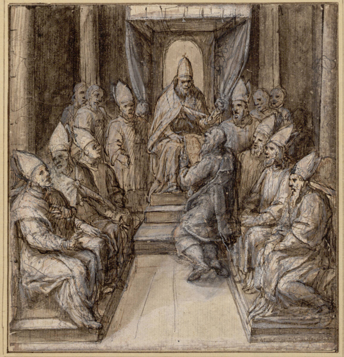 Einem in Vorderansicht unter einem Baldachin sitzenden Papst wird in Gegenwart eines Kardinalskollegiums von einem vor ihm knienden bärtigen Alten ein Buch überreicht, Carlo Caliari