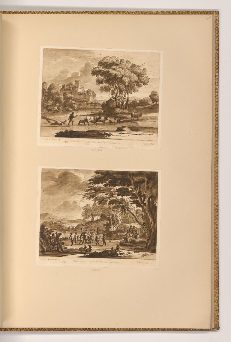 Druckgrafiken nach Claude Lorrain, Herde durchquert einen Fluss; Landschaft mit Satyr und Nymph…