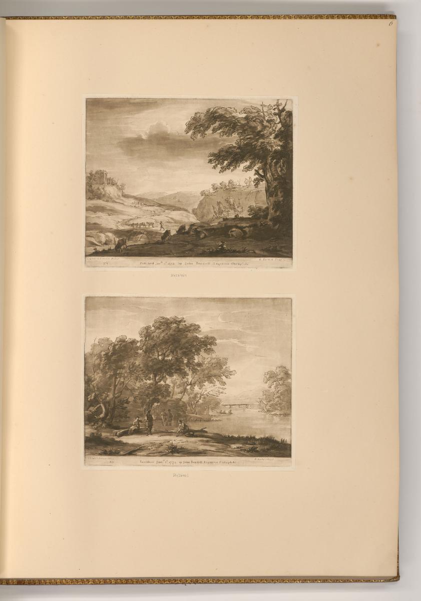 Druckgrafiken nach Claude Lorrain, Hügellandschaft mit Herde; Flusslandschaft mit Waldstück, In…