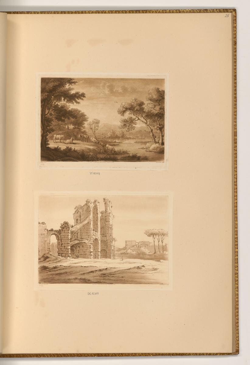 Druckgrafiken nach Claude Lorrain, Landschaft mit Rinderherde an einem Fluss; Ruinen in einer L…