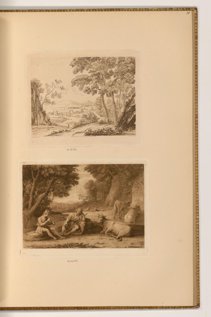 Druckgrafiken nach Claude Lorrain, Flusslandschaft; Hermes schläfert Argus mit seinem Flötenspi…