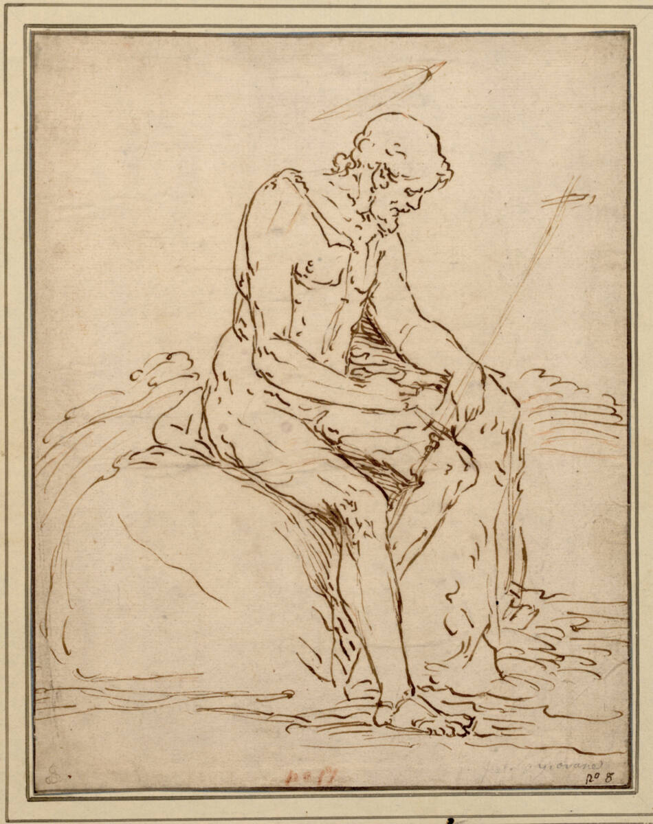 Johannes der Täufer, nach rechts auf einem Felsen sitzend, Luca Cambiaso