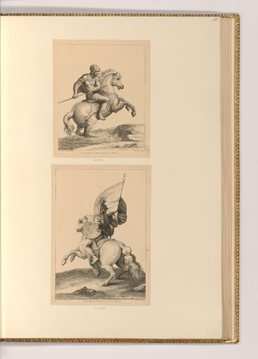 Druckgrafiken nach Charles Le Brun, Reiter mit Lanze aus der Granicus Schlacht; Reiter mit Fahn…