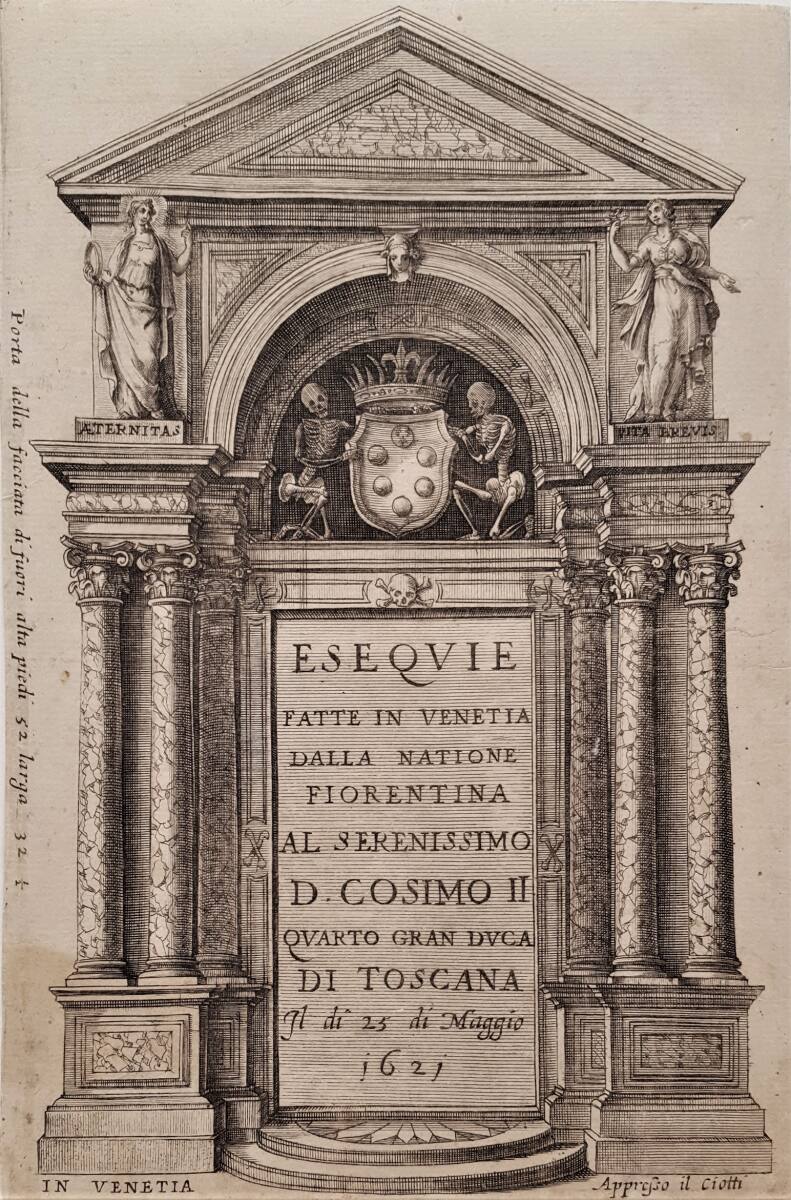 Hauptportal der Kirche SS. Giovanni e Paolo in Venedig mit Trauerdekoration anläßlich der Exequien für Großherzog Cosimo II. von Toskana am 25. Mai 1621 (= Titelblatt), GiovanniBattistaCiotti, 1621