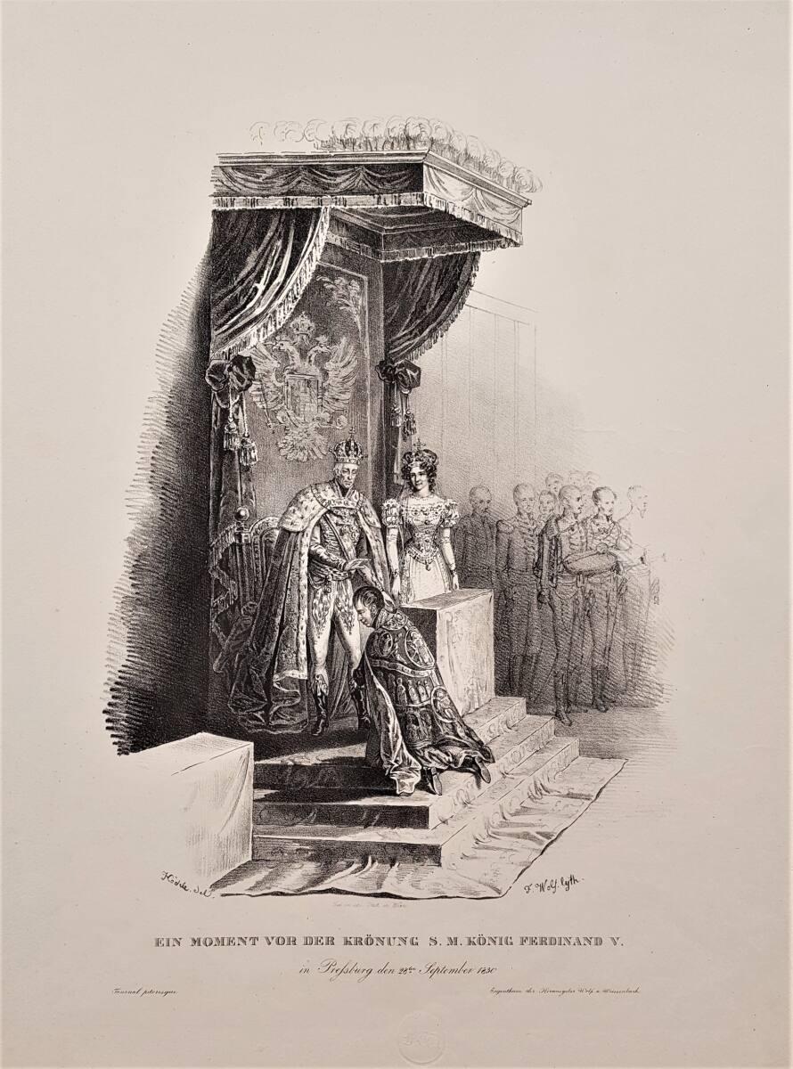 "EIN MOMENT VOR DER KRÖNUNG S.M. KÖNIG FERDINAND V. | in Pressburg den 28ten September 1830", I…