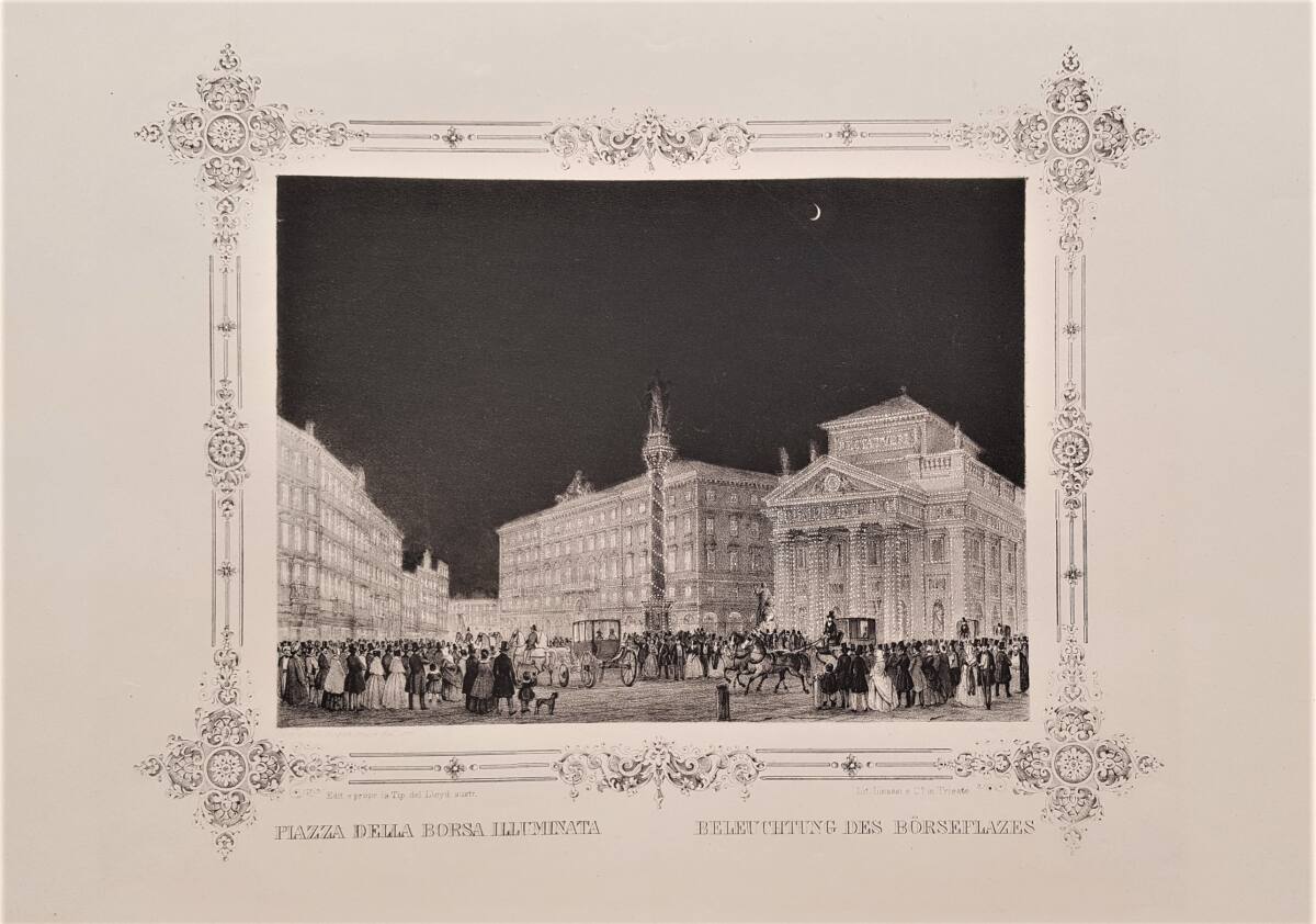 Festbeleuchtung des Börseplatzes in Triest anläßlich des Besuches des Kaiserpaares Ferdinand I. und Maria Anna von Österreich am 8. September 1844, GiovanniPividor, 1845