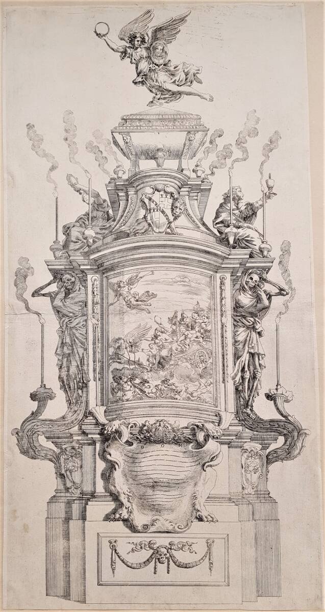 Prunk-Katafalk (Seitenansicht) für Ludovico Marchese Facchinetti in der Kirche SS. Giovanni Ev. e Petronio dei Bolognesi am 9. April 1644 in Rom, Alessandro Algardi, 1644