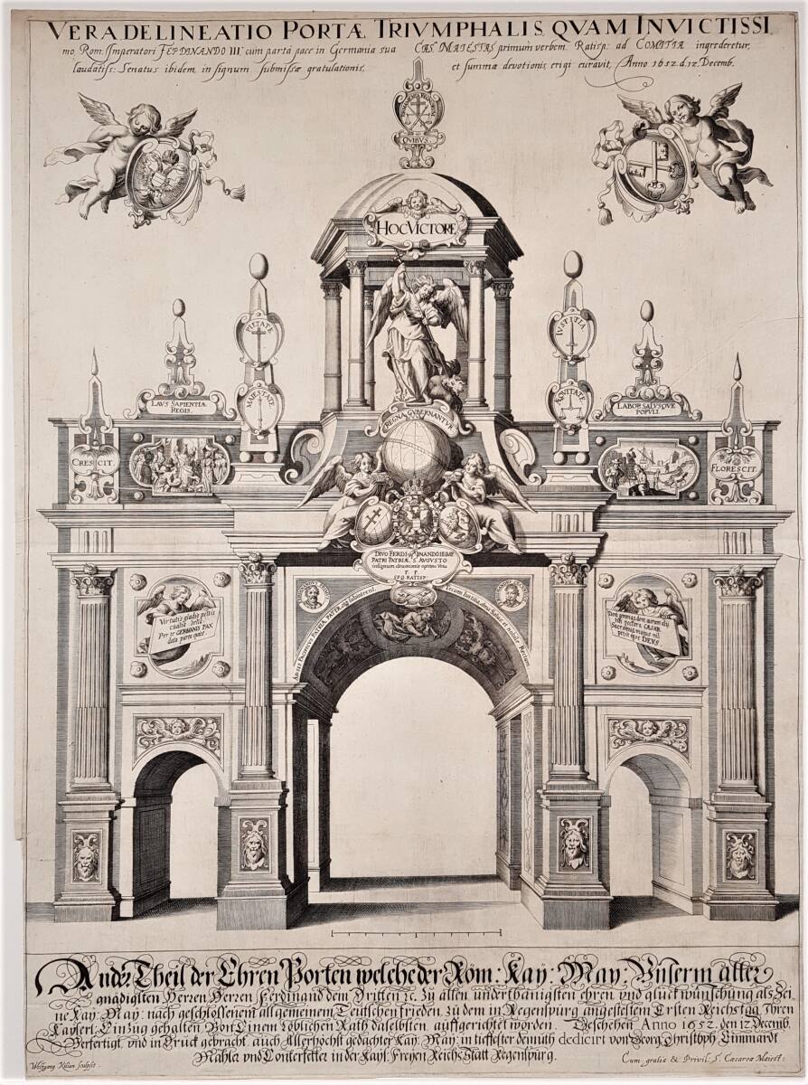 Triumphbogen für Kaiser Ferdinand III. anläßlich seines Einzugs in Regensburg am 12. Dezember 1652 zur Eröffnung des Reichstages (Rückseite), GeorgChristophEimmart, 1652–1653