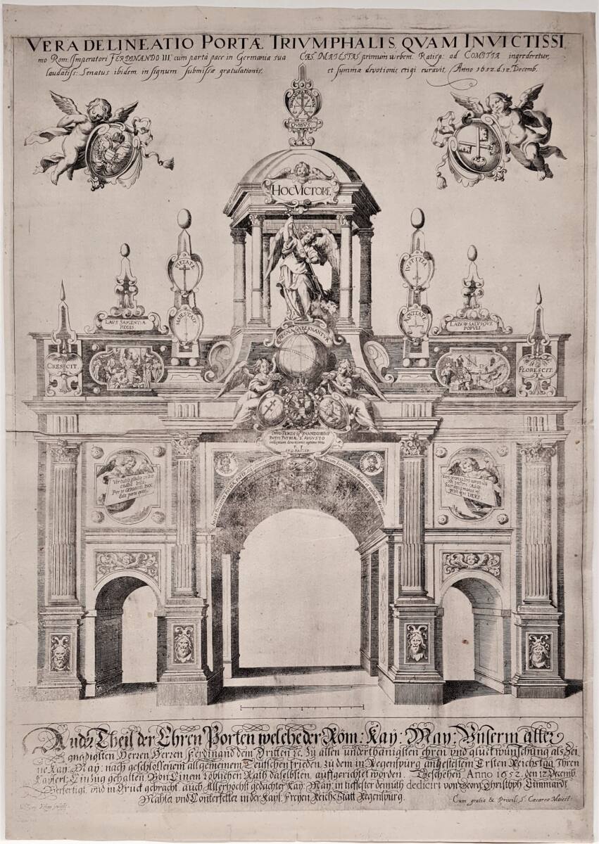 Triumphbogen für Kaiser Ferdinand III. anläßlich seines Einzugs in Regensburg am 12. Dezember 1652 zur Eröffnung des Reichstages (Rückseite), GeorgChristophEimmart, 1652–1653