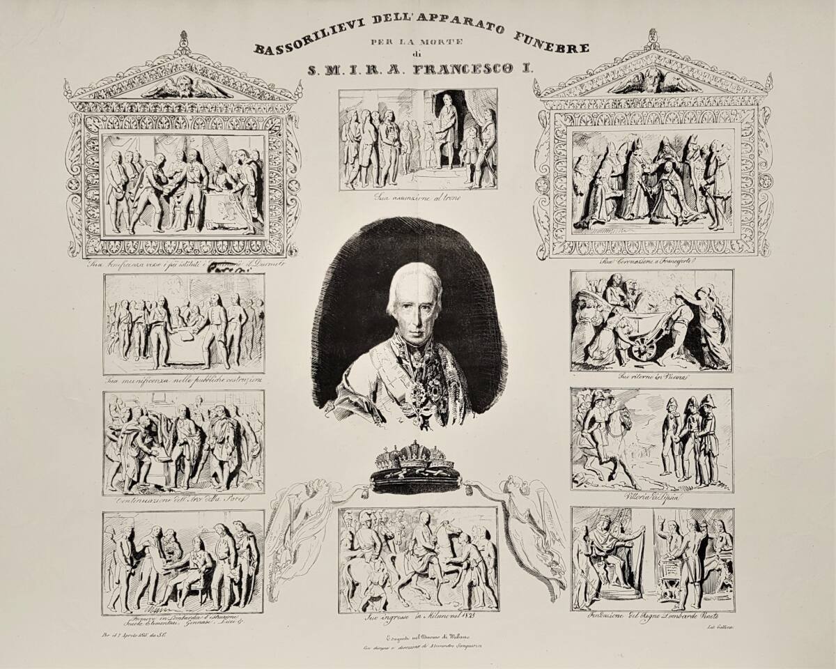 Porträt des Kaisers Franz I. von Österreich mit Darstellung der zwölf Basreliefs der Trauerdekoration zu seinen Exequien in der Domkirche in Mailand vom 7. bis 9. April 1835, CarloSanquirico, 1835