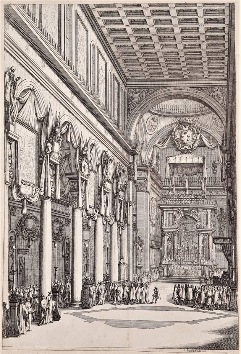 Innenraum der Kirche S. Lorenzo in Florenz mit Trauerdekoration und Grundriß des Trauergerüsts …