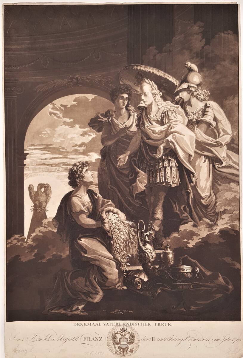 Anonym, Kaiser Franz II. (I.) als Römischer Imperator begleitet von Justitia und Minerva übernimmt das Spendenopfer des Volkes (Allegorie)