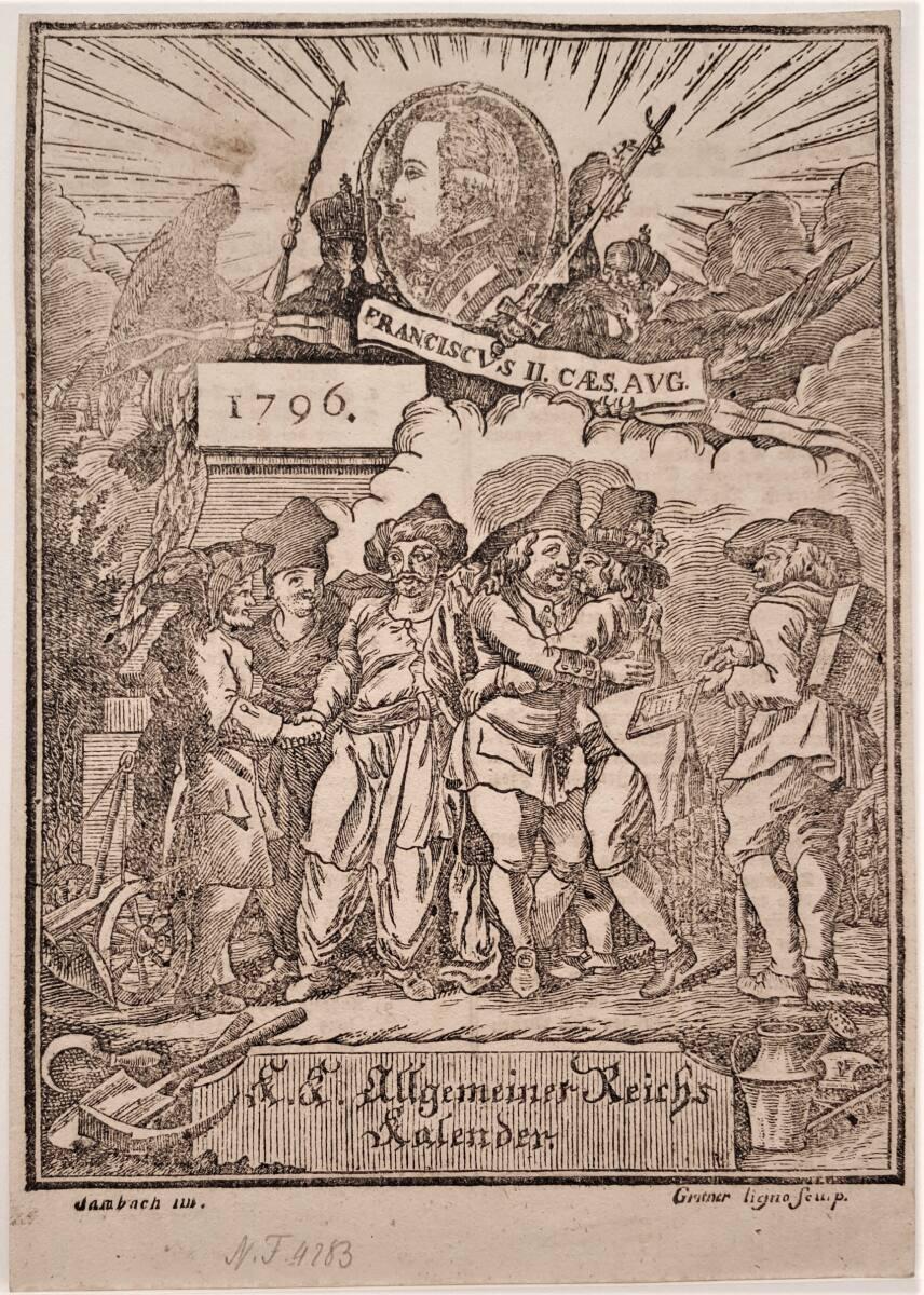 J. Gritner, Kalender-Titelblatt mit Porträtmedaillon von Kaiser Franz II.(I.), Inv. Nr.: DGNF42…
