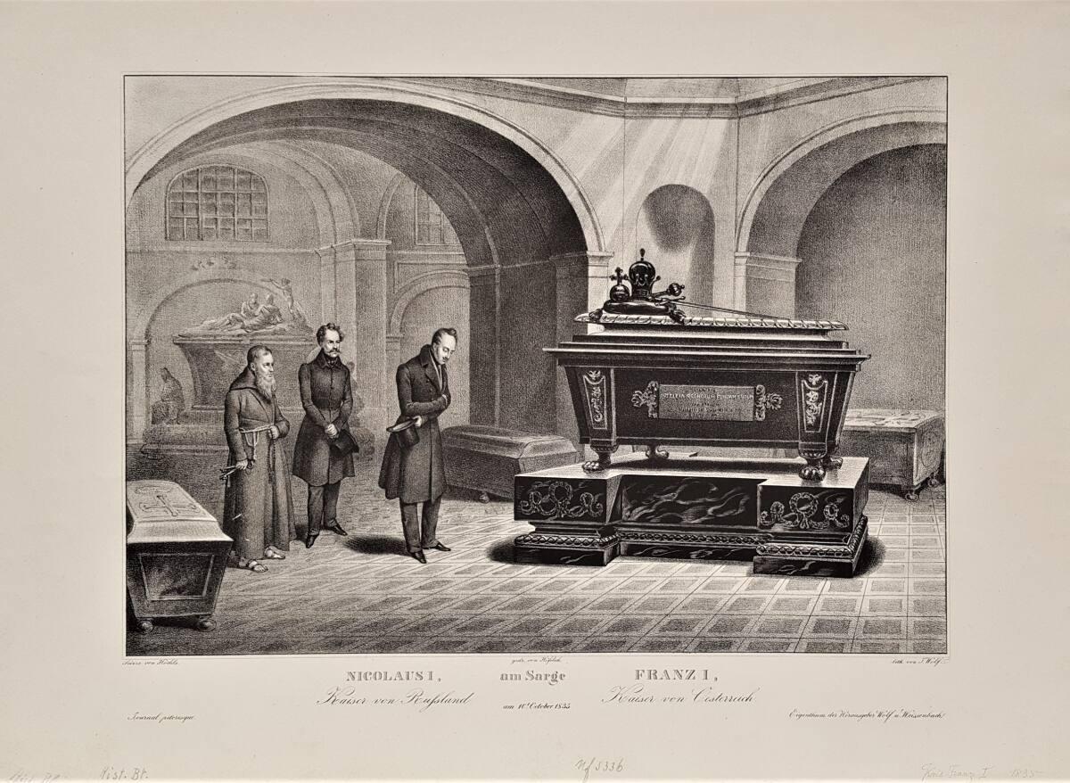Kaiser Nikolaus I. von Rußland beim Sarg von Kaiser Franz I. von Österreich in der Kapuzinergru…