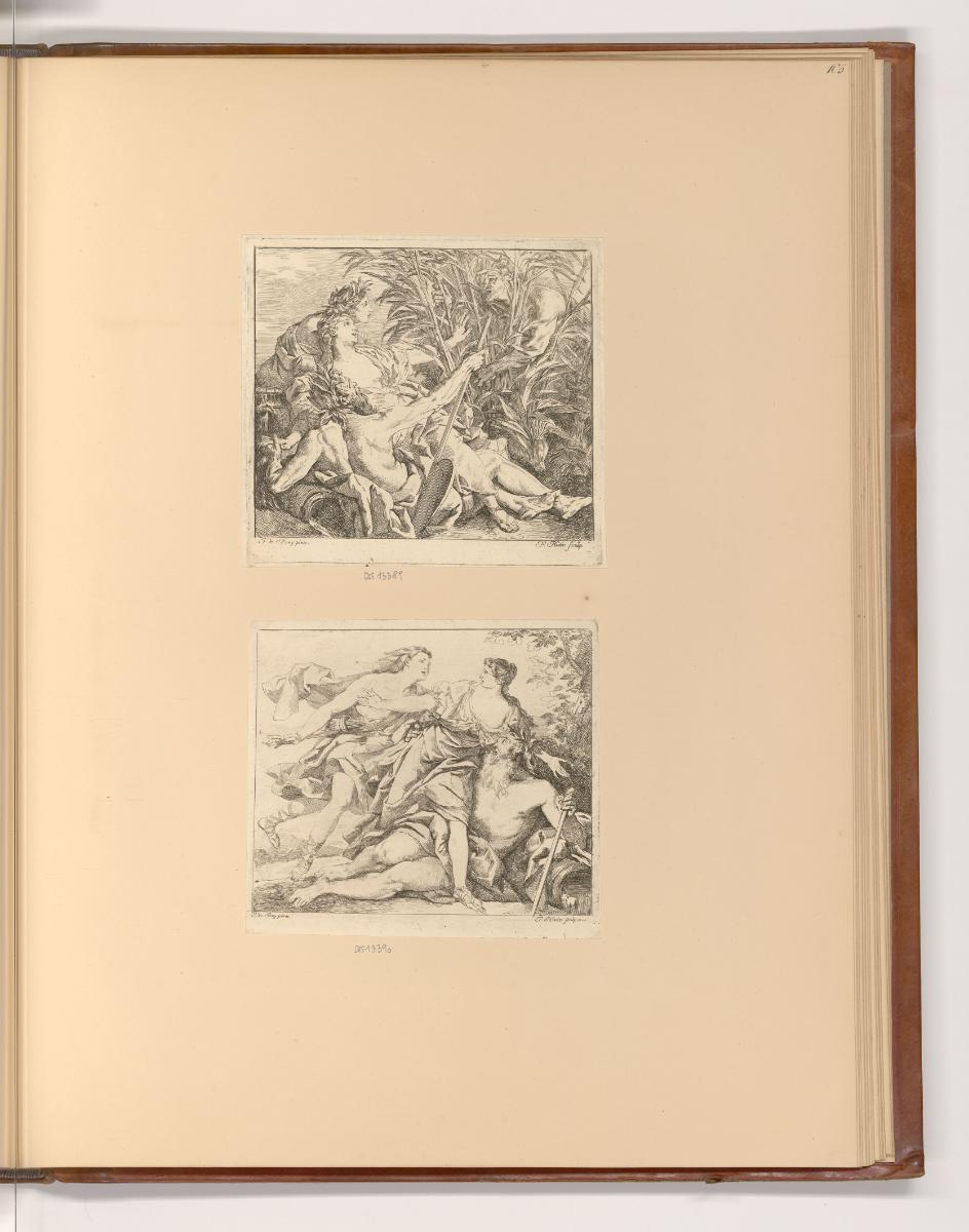 Französische Druckgrafiken des 18. Jahrhunderts, Pan, Syrinx und Flussgott Ladon; Apollo, Daphn…