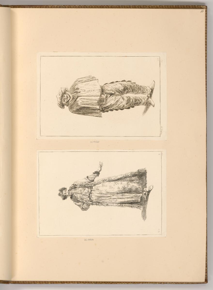 Radierungen nach Jean-Antoine Watteau, Stehender Mann in orientalischem Gewand; Figur aus der C…