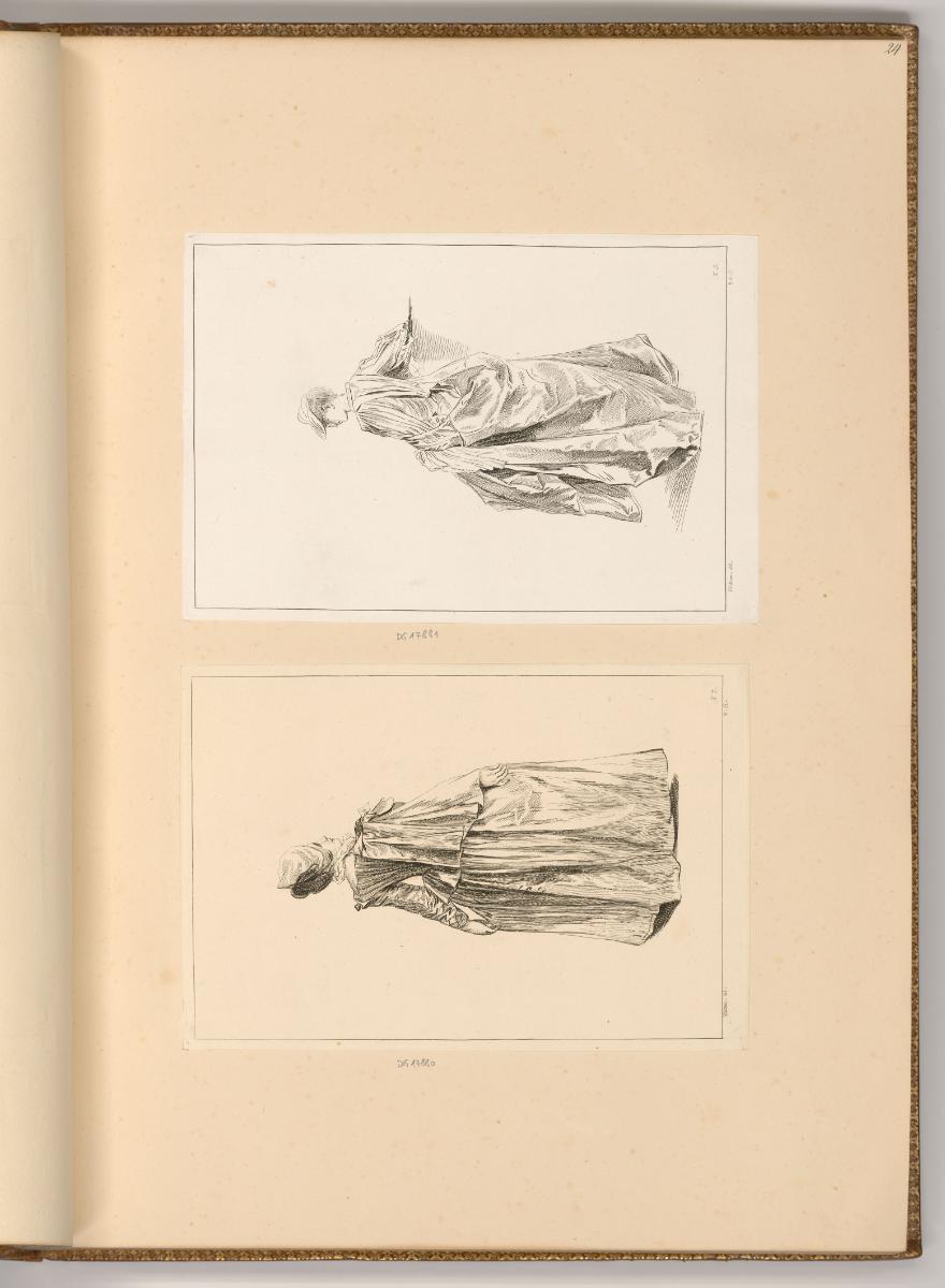 Radierungen nach Jean-Antoine Watteau, Rückenansicht einer stehenden Frau; Stehende Frau an ein…