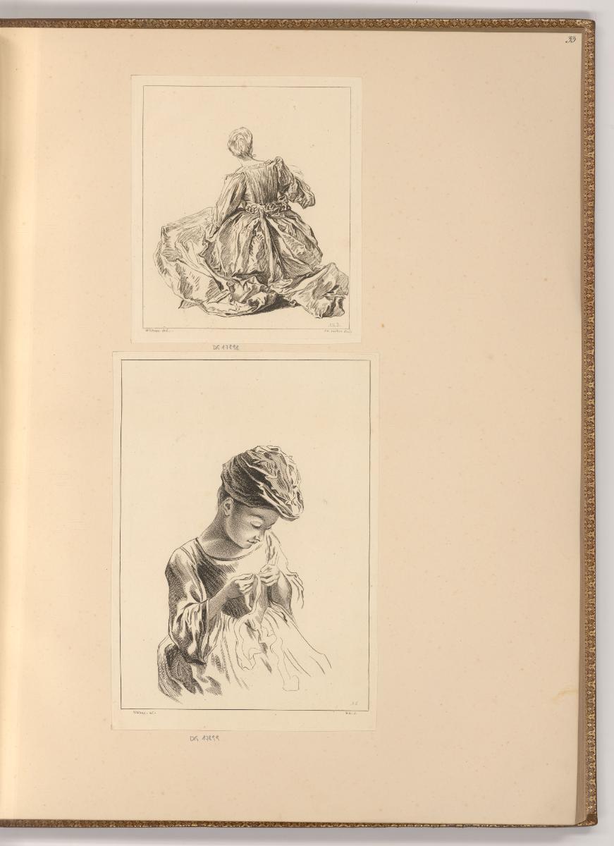 Radierungen nach Jean-Antoine Watteau, Rückenansicht einer Frau mit ausladendem Kleid; Junge Fr…