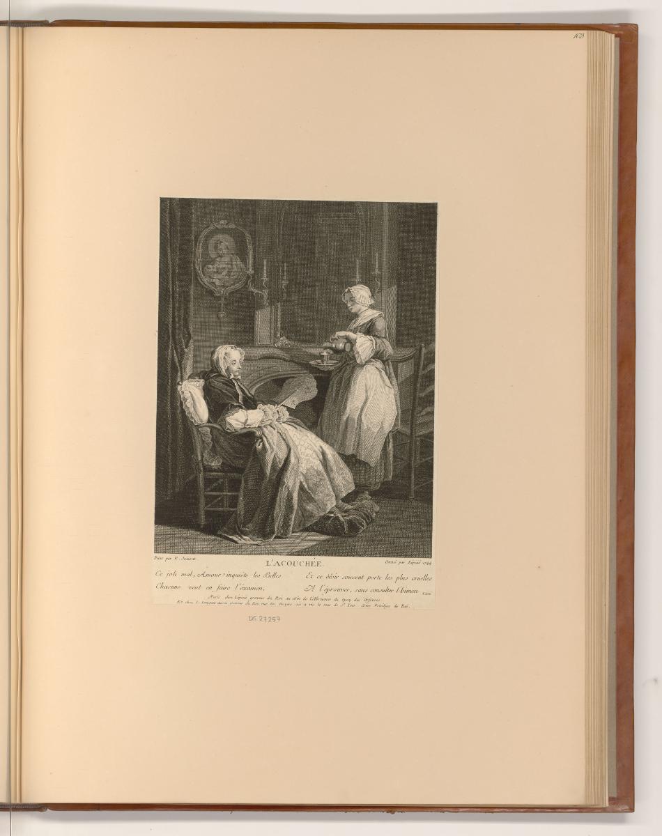 Druckgrafiken nach Jean Restout, Charles Coypel und Etienne Jeaurat, L'Accouchée, Inv. Nr.: Fra…