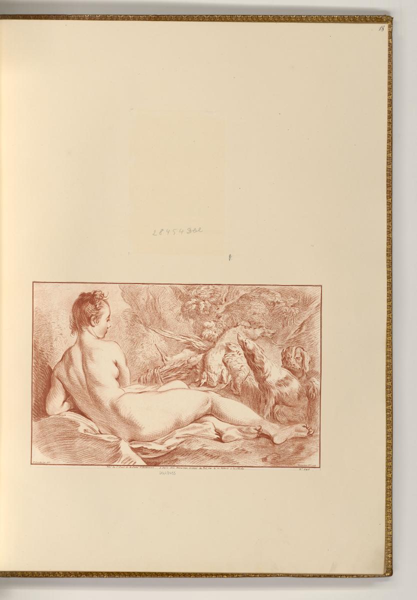 Druckgrafiken nach François Boucher, Liegende Diana mit Hunden, Inv. Nr.: Frankreich nach Sekti…