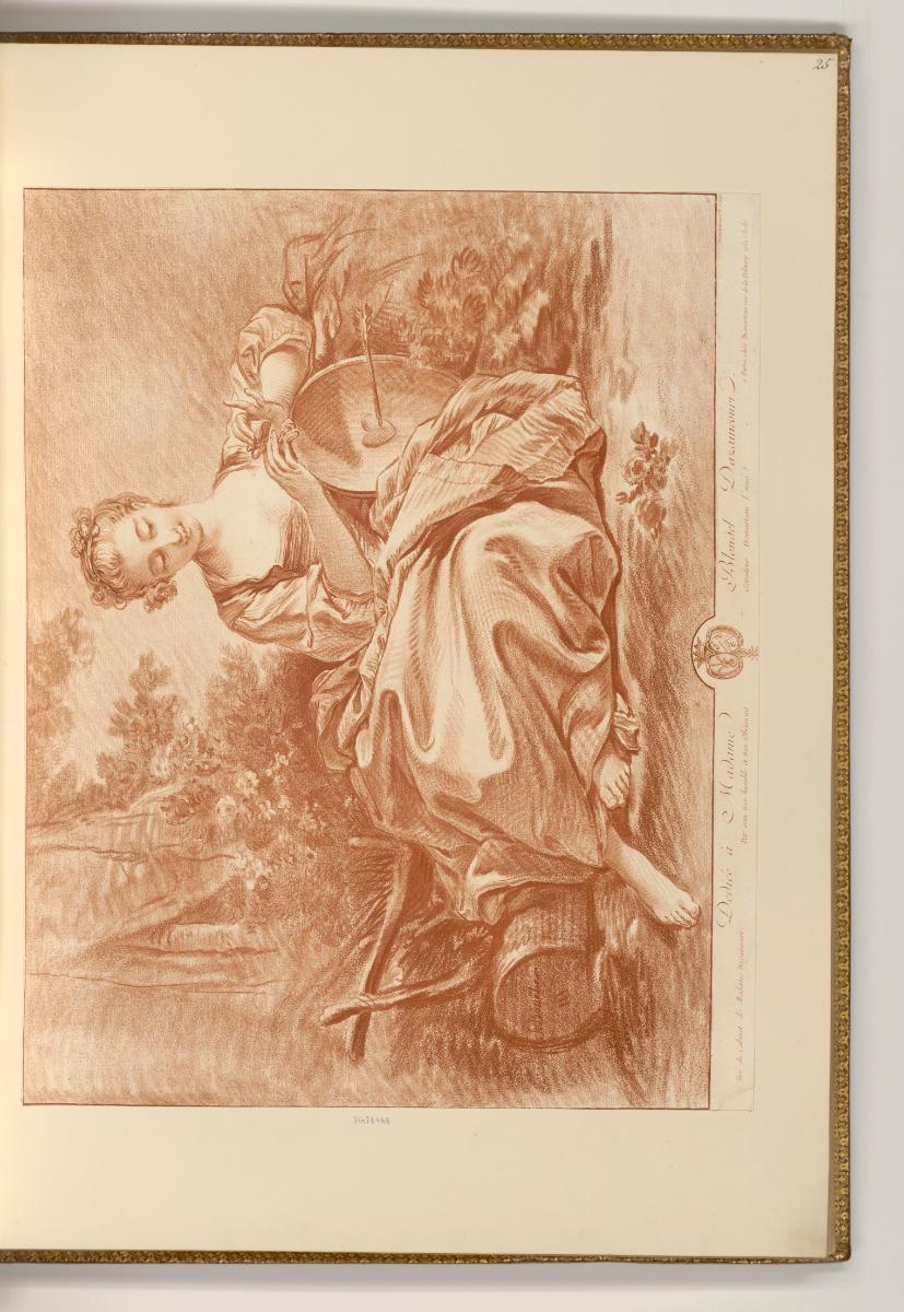 Druckgrafiken nach François Boucher, Sitzende Frau und Schild mit Herz und Pfeil, Inv. Nr.: Fra…
