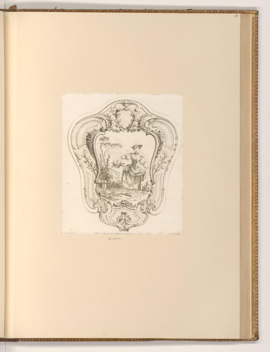 Druckgrafiken nach François Boucher, Kartusche mit Frau und Blumenkorb, Inv. Nr.: Frankreich na…