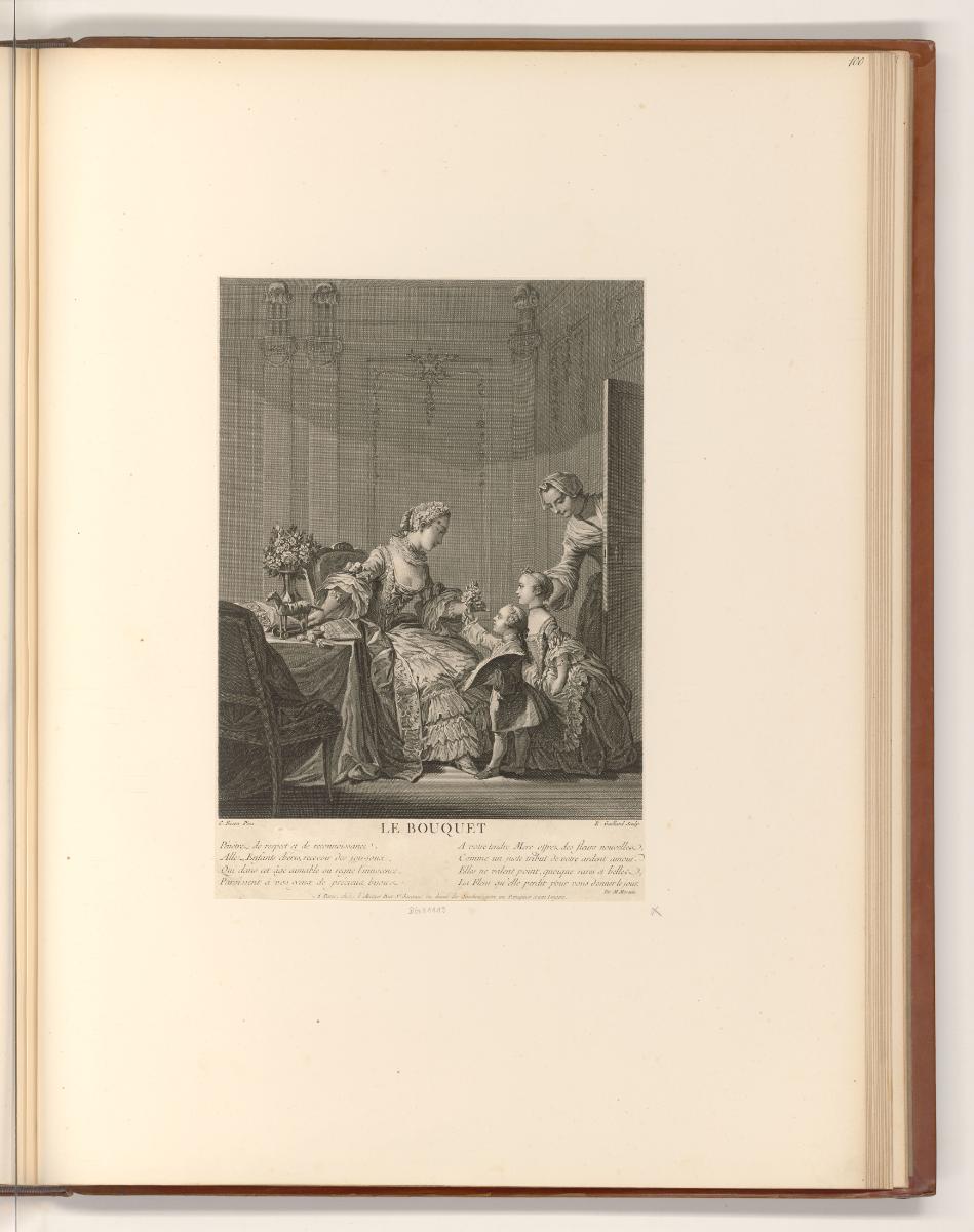 Französische Druckgrafiken des 18. Jahrhunderts, Höfische Szene, Kinder überreichen Blumen, Inv…
