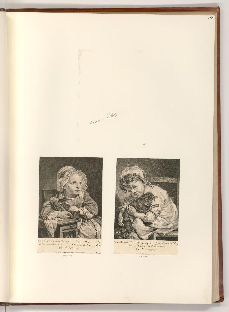 Druckgrafiken nach Jean-Baptiste Greuze, Mädchen mit Puppe; Mädchen mit Hund, Inv. Nr.: Frankre…