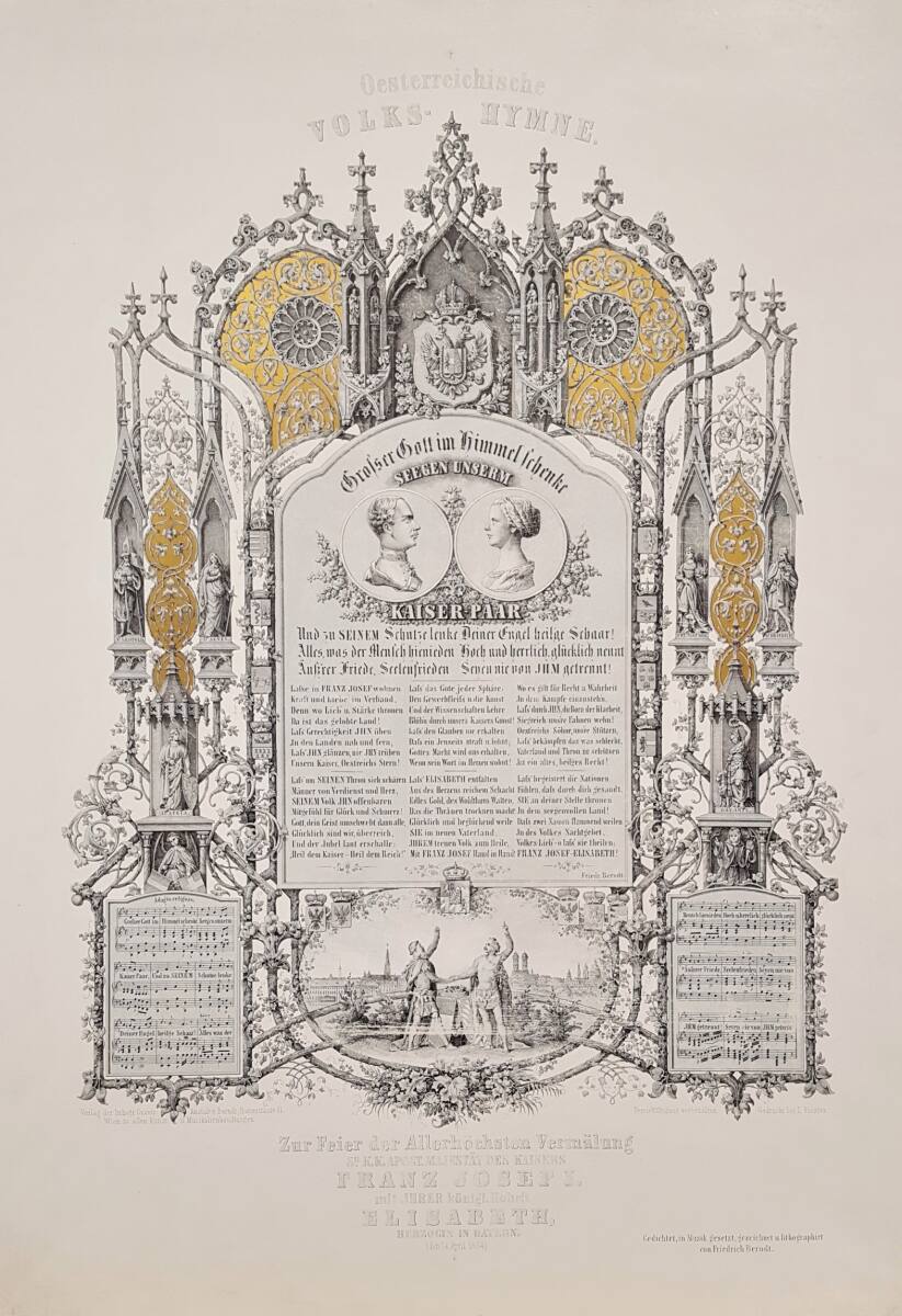 Illustriertes Huldigungsblatt mit Text (Neudichtung) zur österreichischen Volkshymne anläßlich der Vermählung von Kaiser Franz Joseph von Österreich mit Elisabeth Herzogin in Bayern 1854, FriedrichBerndt, 1854