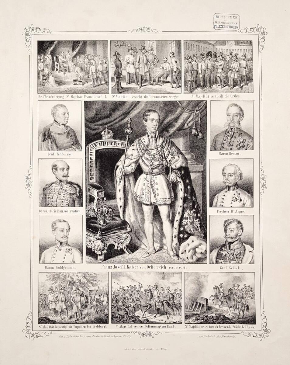 Kaiser Franz Joseph I. von Österreich im Krönungsornat umgeben von historischen Szenen und Feld…