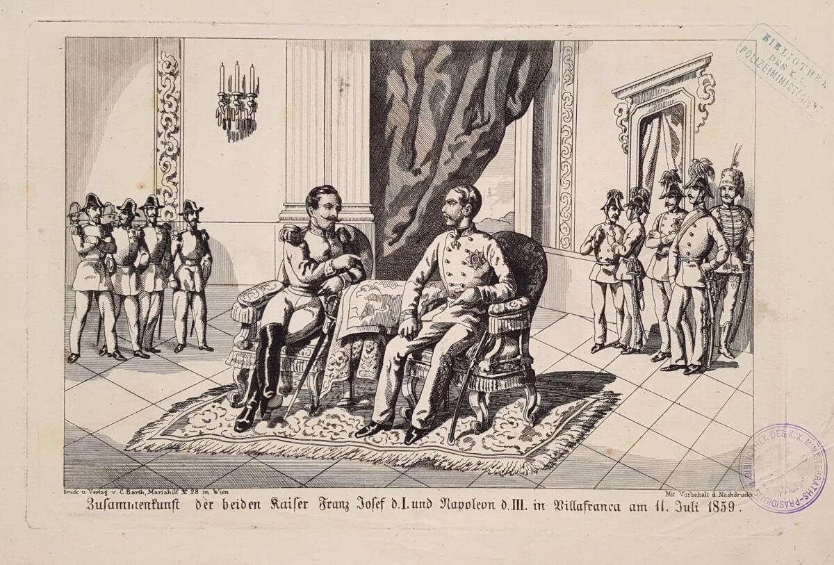 "Zusammenkunft der beiden Kaiser Franz Josef d. I. und Napoleon d. III. in Villafranca am 11. J…