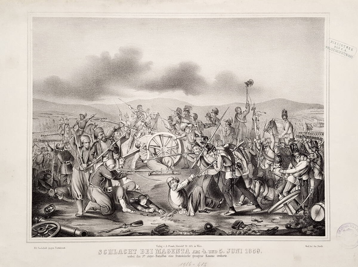"SCHLACHT BEI MAGENTA AM 4. UND 5. JUNI 1859. | "wobei das 3te Jäger-Bataillon eine französische gezogene Kanone eroberte.", JosephStoufs