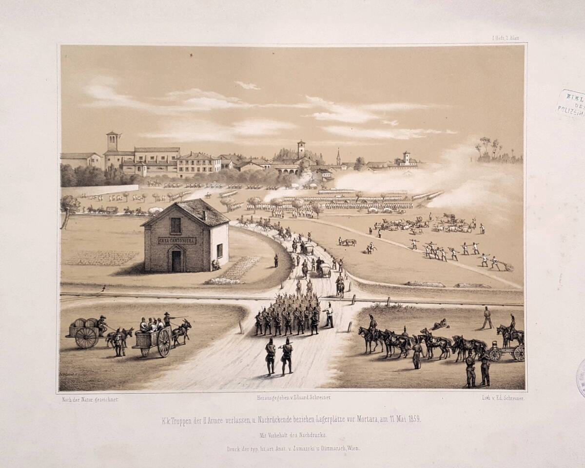 "K.k. Truppen der II. Armee verlassen, u. Nachrückende beziehen Lagerplätze vor Mortara, am 11. Mai 1859.", JosephBoyervonBerghof