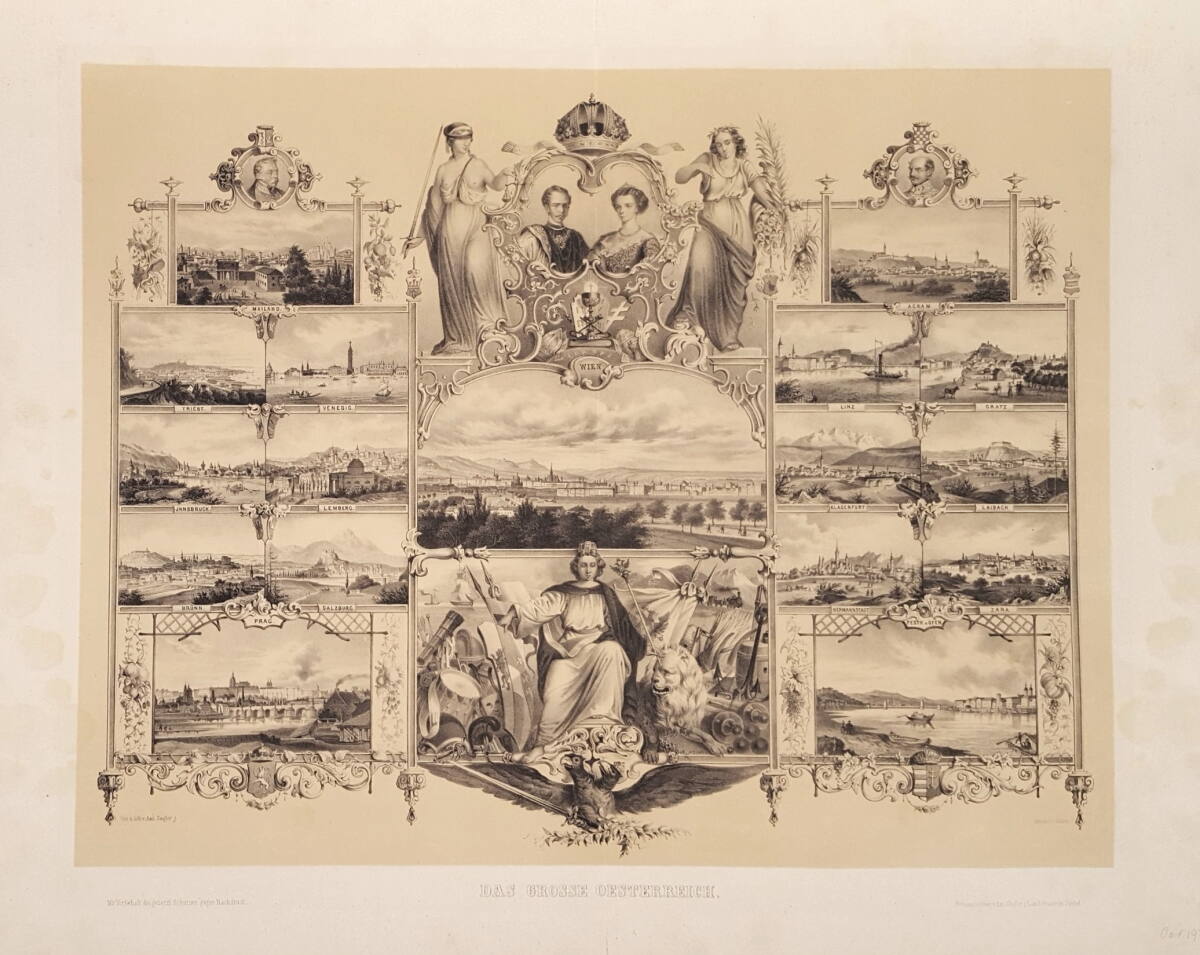 Porträt des österreichischen Kaiserpaares umgeben von allegorischen Figuren ihrer Herrschaft und Ansichten der siebzehn wichtigsten Städte des Kaisertums Österreich, AntonZiegler, 1857