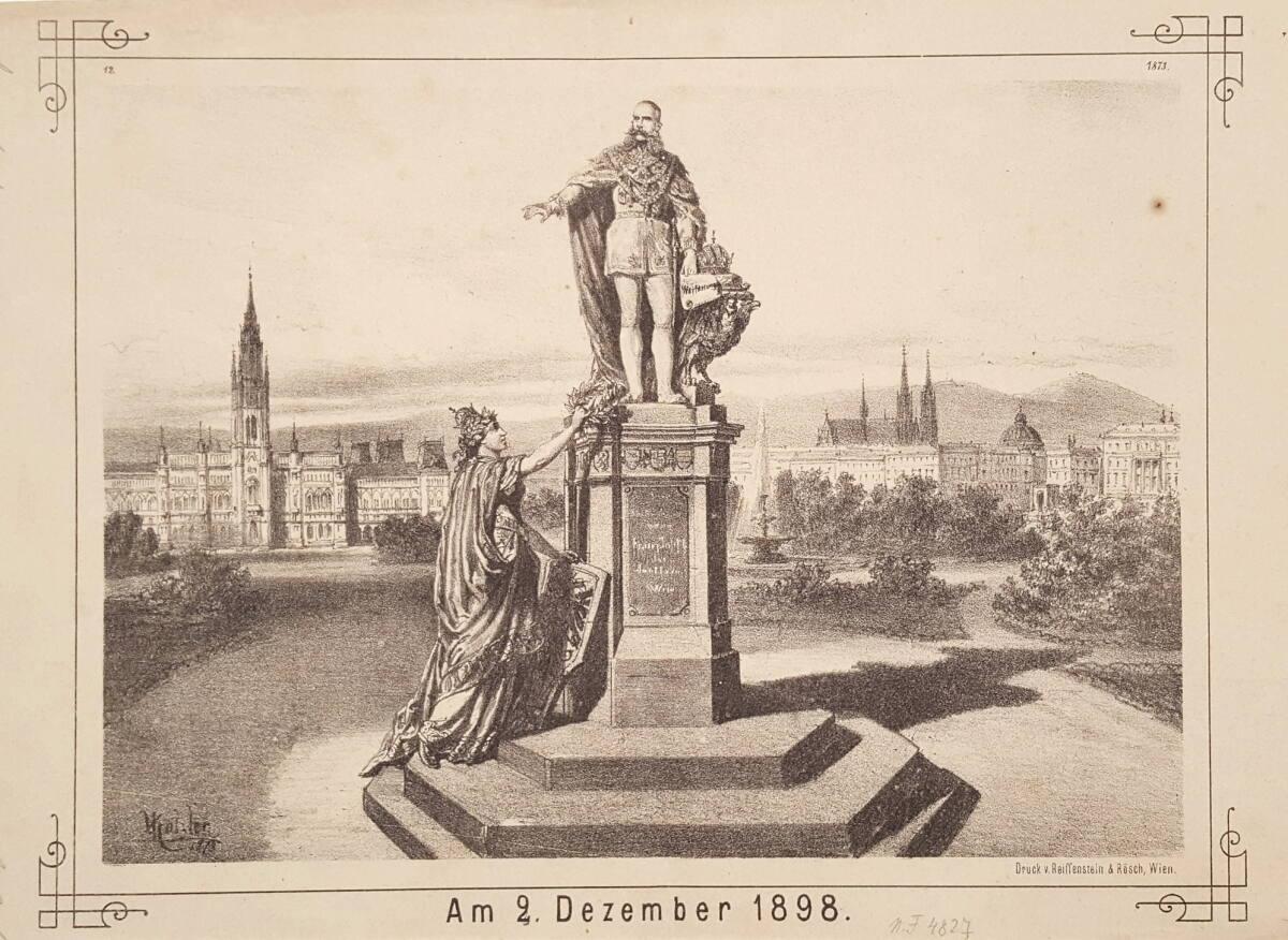 Allegorie mit Denkmal Kaiser Franz Josephs I. von Österreich zum 50-jährigen Regierungsjubiläum…