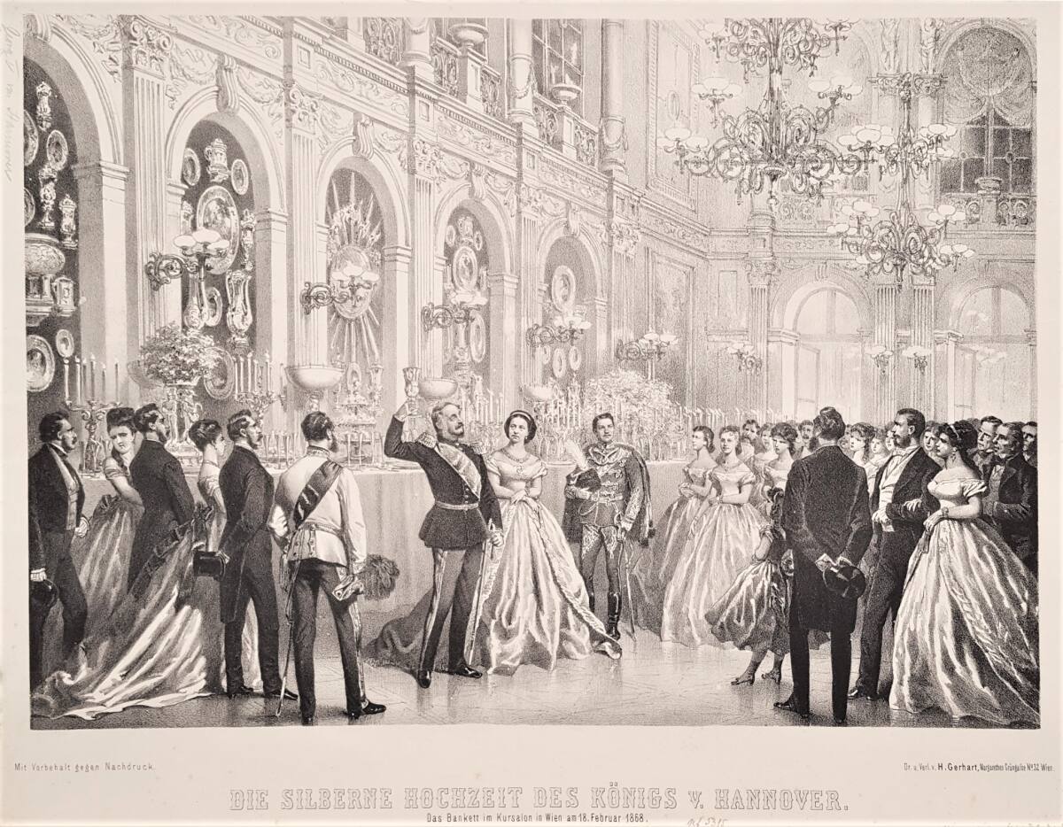 "DIE SILBERNE HOCHZEIT DES KÖNIGS v. HANNOVER. | Das Bankett im Kursalon in Wien am 18. Februar 1868.", HeinrichGerhart