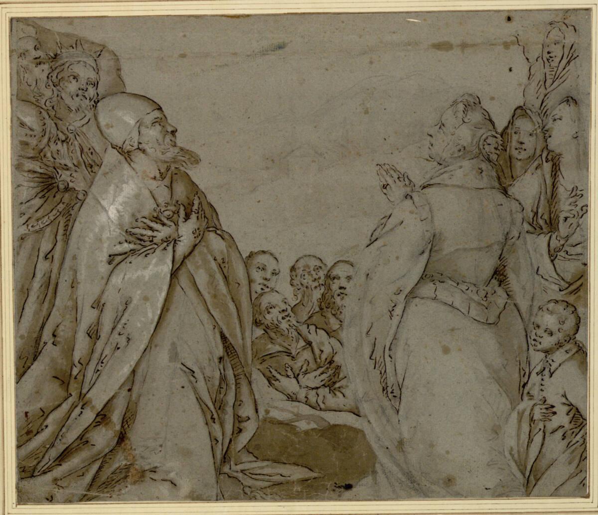 Carpoforo Tencalla, Figürliche Szene. Links kirchliche und weltliche Potentaten, rechts Frauen …