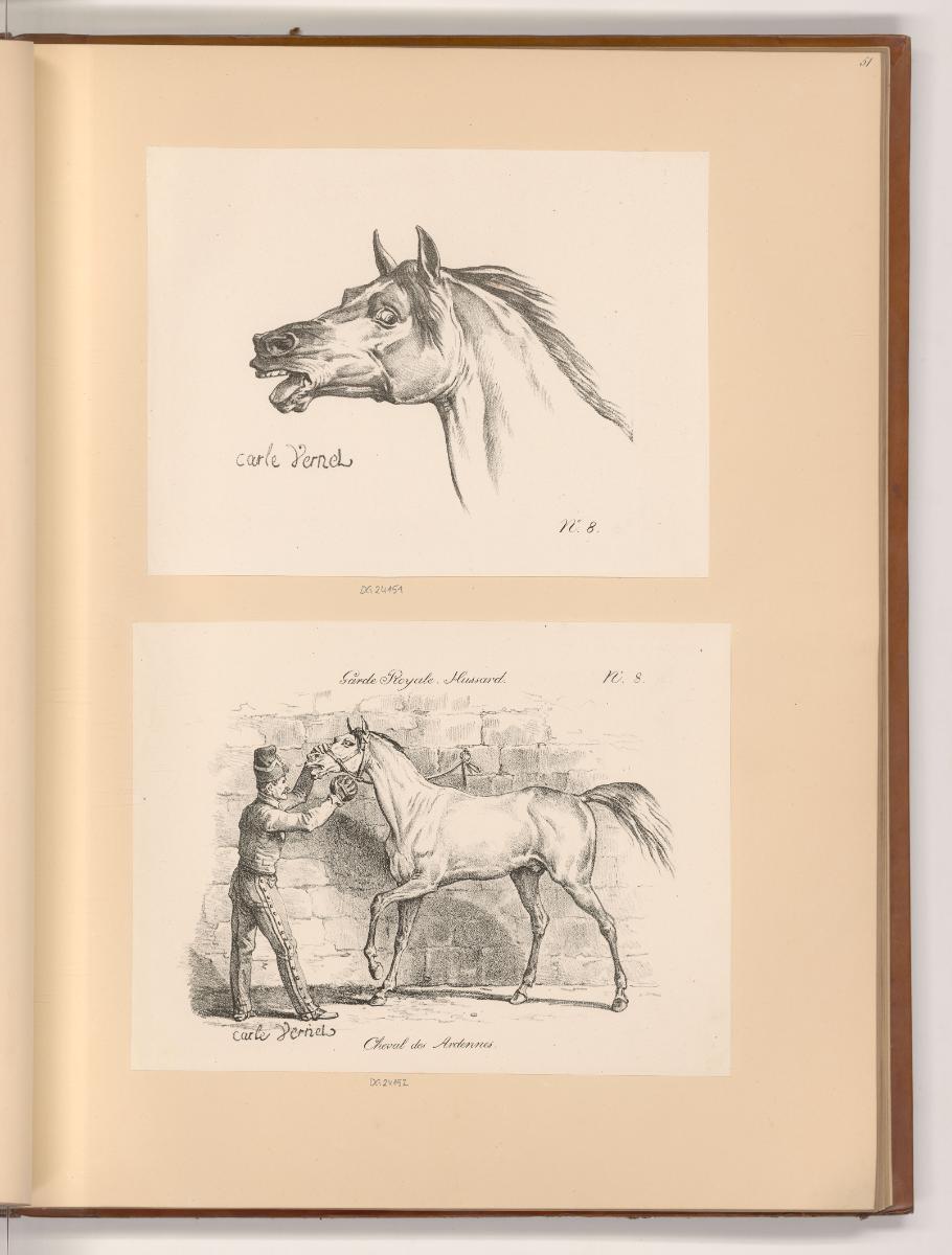 Druckgrafiken nach Charles Vernet, Pferdekopf; Königliche Garde, Husar mit Pferd, Inv. Nr.: Fra…