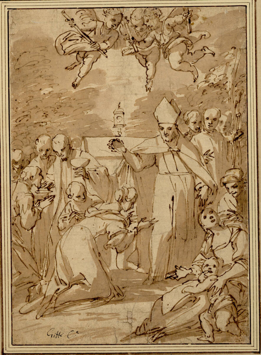 Taufe einer Frau durch den heiligen Blasius. (Mönche in seinem Gefolge, von denen einer die Kommunion austeilt; rechts kniet eine Elternpaar mit Kind), PompeoGhitti