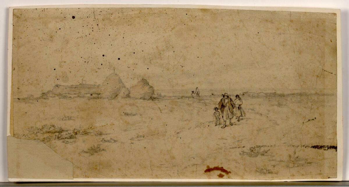 August Xaver Karl von Pettenkofen, Flache Landschaft mit drei Figuren und großen Strohhäusern i…