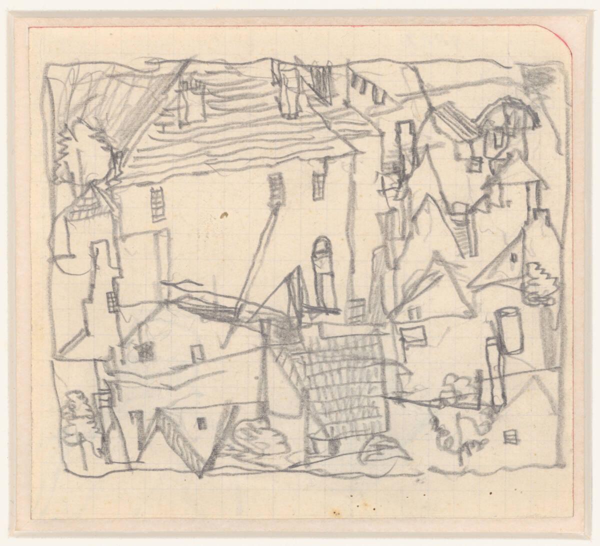 Egon Schiele, Stadtansicht von Krumau; Vorzeichnung für "Altes Gemäuer", 1917, Inv. Nr.: 39882r